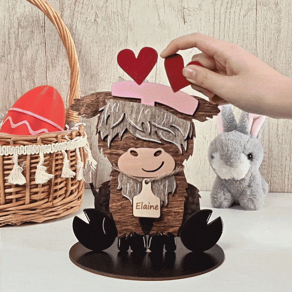 Highland Cow Wooden Tabletop Decor with Personalised 12 Interchangeable Hats and Engraved Name Ear Tag Christmas Easter Gift for Cow Lovers