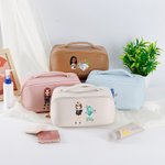 Personalized Fashion Cartoon Girl Wide Open Leather Makeup Bag with Floral Birthstone and Name Travel Essentials Birthday Gift for Women Girls