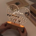 Personalised Heart Shaped Round LED Acrylic Earring Holder with Name and Wooden Base Birthday Earrings Storage Versatile Home Decor Gift for Women