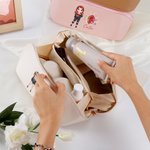 Personalized Fashion Cartoon Girl Wide Open Leather Makeup Bag with Floral Birthstone and Name Travel Essentials Birthday Gift for Women Girls
