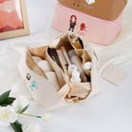 Personalized Fashion Cartoon Girl Wide Open Leather Makeup Bag with Floral Birthstone and Name Travel Essentials Birthday Gift for Women Girls