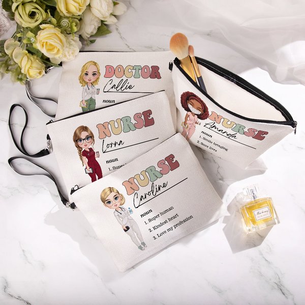 Personalized Portable Nurse Doctor Cartoon Character Wristlet Makeup Bag with Name Appreciation Gift for Medical Staff