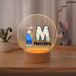 Personalized Cute Holding Easter Egg Cartoon Boy Girl Initial LED Night Light with Wooden Base and Name Easter Room Decor Birthday Gift for Kids