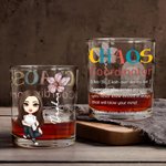 Personalized Cartoon Character Chaos Coordinator 10oz Old Fashioned Whiskey Glass with Birth Flower and Name Birthday Retirement Gift for Men Women