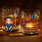Personalized Cartoon Character Chaos Coordinator 10oz Old Fashioned Whiskey Glass with Birth Flower and Name Birthday Retirement Gift for Men Women