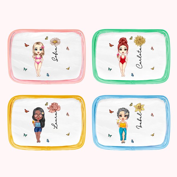 Neceser transparente impermeable personalizado con dibujo de chica y flor de nacimiento con nombre esencial para viaje o cumpleaños para ella