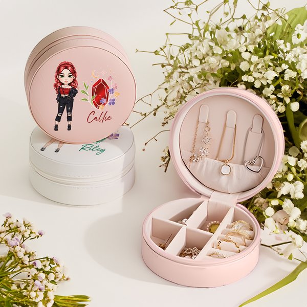 Scatola portagioie in pelle personalizzata con pietra di nascita floreale e nome, regalo di compleanno essenziale per le donne e le ragazze.