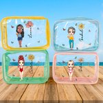 Neceser transparente impermeable personalizado con dibujo de chica y flor de nacimiento con nombre esencial para viaje o cumpleaños para ella
