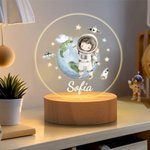 Luz nooctura LED con base de madera personalizada con nombre planeta y astronauta decoración de habitación regalo de cumpleaños para niños