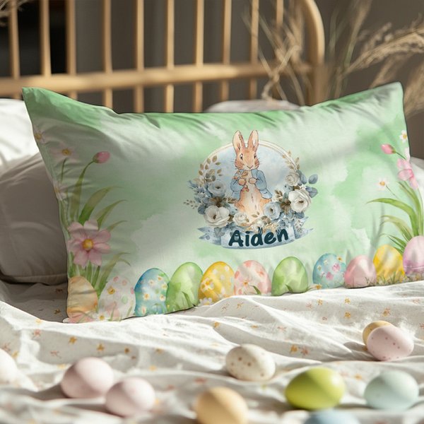 Personalized Floral Cross Peter Rabbit Eggs Soft Pillow Cover with Name Home Decor Easter Birthday Baby Shower Gift for Kids Family