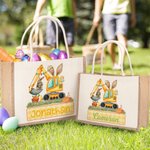 Personalized Cute Easter Bunny Excavator Jute Tote Bag with Name Easter Egg Hunting Party Gift for Boys Girls