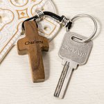 Personalized Wooden Cross Heart Keychain with Engraved Initial and Name Easter Baptism Gift for Christians