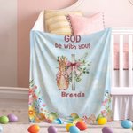 Personalized God Be with You Floral Easter Eggs Bow Cross Peter Rabbit Soft Throw Blanket with Name Home Decor Easter Gift for Kids