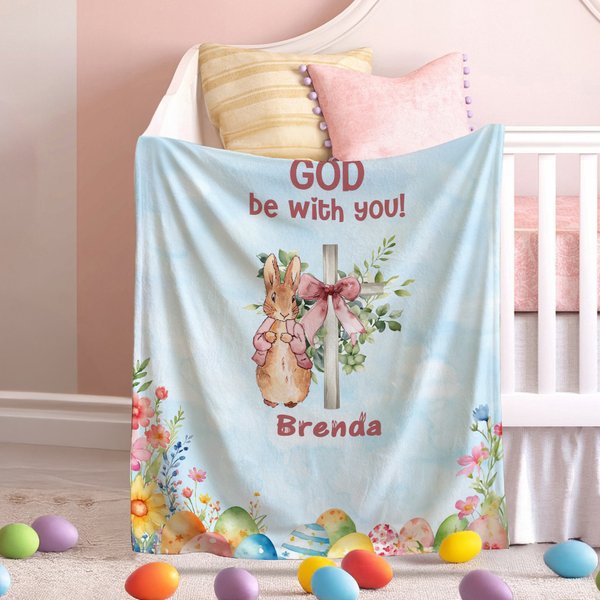 Personalisierte Gott sei mit dir Floral Ostereier Bogen Kreuz Peter Rabbit weiche Decke mit Namen Home Decor Ostern Geschenk für Kinder