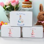 Personalized Pink Blue Peter Rabbit Pattern Food Grade Metal Biscuit Tin Box with Name and Text Easter Birthday Gift for Family Kids