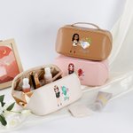 Personalized Fashion Cartoon Girl Wide Open Leather Makeup Bag with Floral Birthstone and Name Travel Essentials Birthday Gift for Women Girls