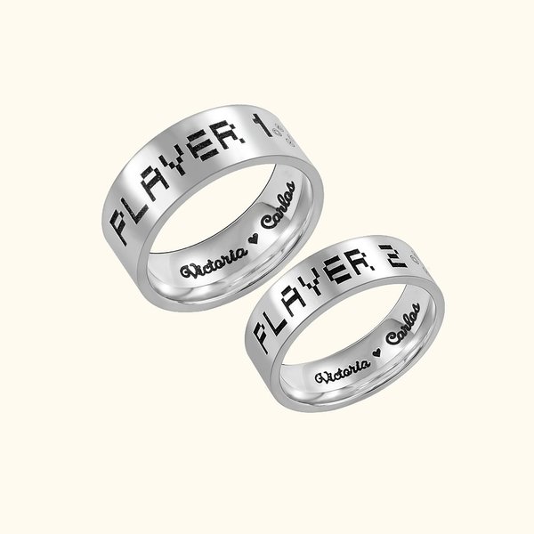Anillo personalizado con nombre anillo único para pareja grabado Player1 Player2 con letra de píxeles regalo para parejas