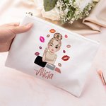 Personalized Lipstick Cartoon Fashion Girl Multicolor Canvas Makeup Bag with Name Portable Travel Essentials Birthday Bridesmaid Gift for Women