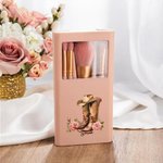 Personalized Floral Birth Month Flower Cowgirl Boots 5Pcs Makeup Brush Set with Mirror Travel Essential Birthday Wedding Gift for Women