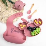 Juego de alimentación personalizado de silicona con plato dividido en forma de cangrejo y utensilios para destete dirigido por el bebé ideal para niño