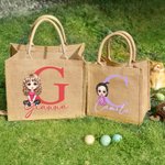 Personaje de dibujos animados personalizado Bolsa de yute grande con nombre e inicial Fiesta de cumpleaños de Pascua Regalo para niños Familia Amigos
