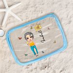 Neceser transparente impermeable personalizado con dibujo de chica y flor de nacimiento con nombre esencial para viaje o cumpleaños para ella