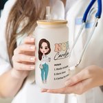 Personlig sjuksköterska läkare tecknad karaktär 20oz frostat glas kopp med lock och sugrör dagliga resor födelsedag uppskattning gåva för medicinsk personal