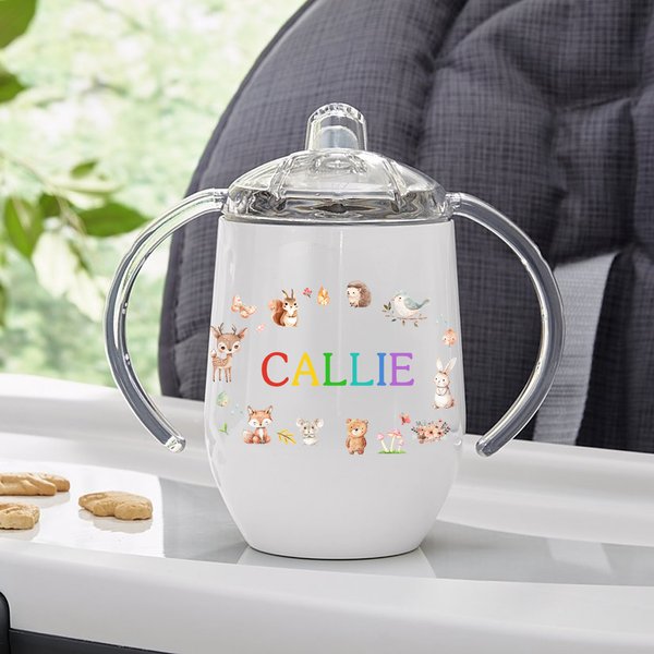 Personalized Cute Animal Friends 10oz Insulated Sippy Cup with Colorful Name and Handle  Baby Shower Birthday Gift for Toddler Kid