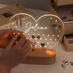 Personalised Heart Shaped Round LED Acrylic Earring Holder with Name and Wooden Base Birthday Earrings Storage Versatile Home Decor Gift for Women