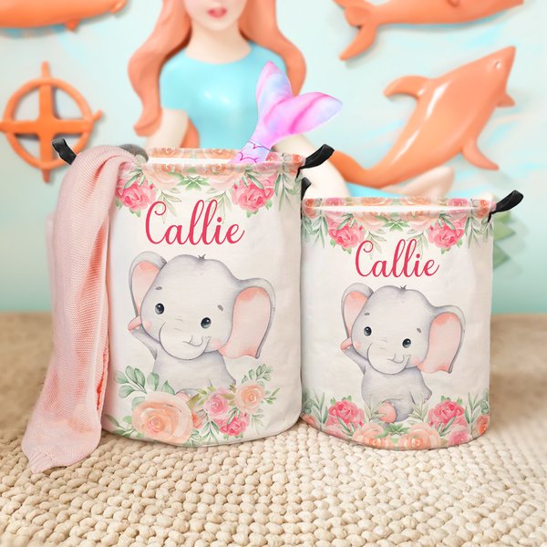 Personalized Floral Elephant Waterproof Oxford Cloth Portable Toy Storage Laundry Basket with Name Birthday Gift for Children