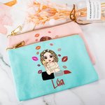 Personalized Lipstick Cartoon Fashion Girl Multicolor Canvas Makeup Bag with Name Portable Travel Essentials Birthday Bridesmaid Gift for Women