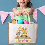 Personalized Cute Easter Bunny Excavator Jute Tote Bag with Name Easter Egg Hunting Party Gift for Boys Girls