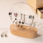 Personalised Heart Shaped Round LED Acrylic Earring Holder with Name and Wooden Base Birthday Earrings Storage Versatile Home Decor Gift for Women