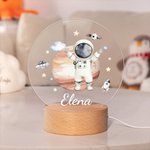 Luz nooctura LED con base de madera personalizada con nombre planeta y astronauta decoración de habitación regalo de cumpleaños para niños