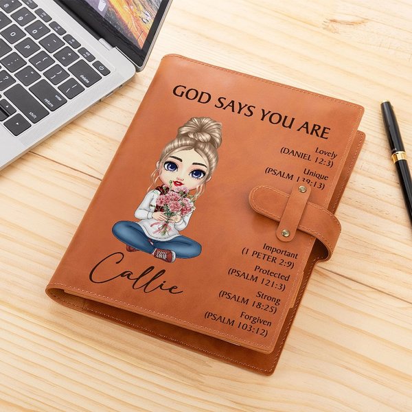 Personalized God Says You Are Cartoon Character Birth Flower A5 Leather Notebook Cover with Pocket Birthday Inspirational Gift for Women Christian