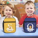 Personalized Multicolor Cute Forest Animal Name Insulated Lunch Bag with Initial and Mesh Pocket Back to School Picnic Birthday Gift for Kids