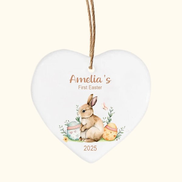 Personalized First Easter Heart-Shaped Ceramic Basket Name Tag with Easter Eggs Bunny Easter Commemorative Gift for Kids