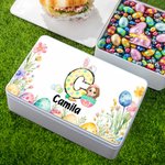 Personalized Floral Bunny Initial Easter Egg Character Biscuit Tin Box with Name Easter Party Storage Accessories Gift for Boys Girls