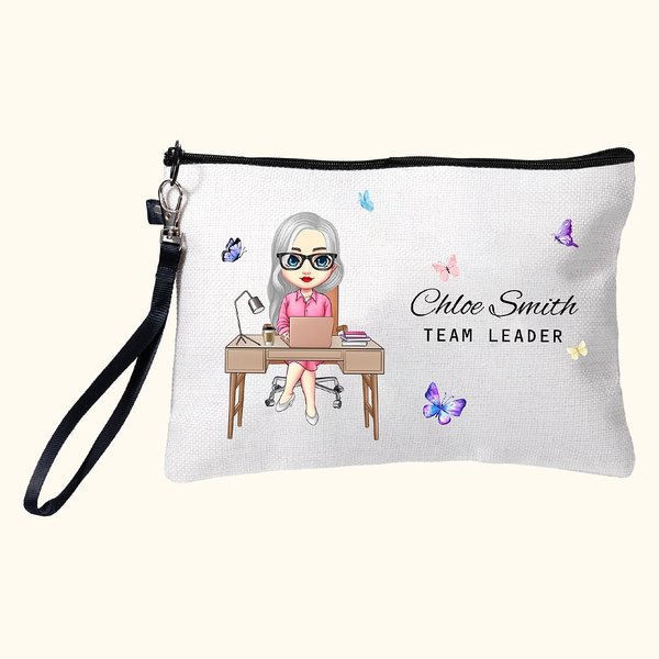 Personalized Butterfly Cartoon Business Woman Linen Wristlet Makeup Bag with Name Birthday Appreciation Office Gift for Colleagues Leaders