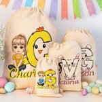 Gepersonaliseerde schattige cartoonfiguur Bunny Chick initiële Drawstring Treat Bag met naam Pasen verjaardag Party Gift voor jongens meisjes