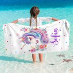 Toalla de playa personalizada de unicornio fantasía de secado rápido y tamaño grande con nombre esencial de viaje regalo de cumpleaños para niñas
