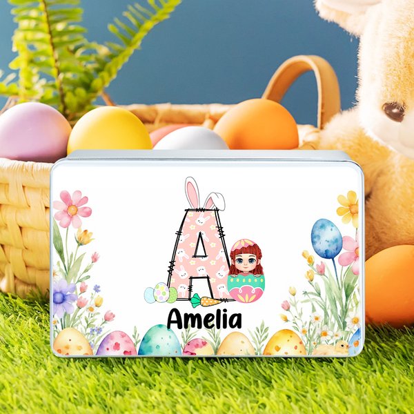 Personalized Floral Bunny Initial Easter Egg Character Biscuit Tin Box with Name Easter Party Storage Accessories Gift for Boys Girls