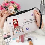 Personalized Butterfly Cartoon Business Woman Linen Wristlet Makeup Bag with Name Birthday Appreciation Office Gift for Colleagues Leaders
