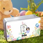 Personalized Floral Bunny Initial Easter Egg Character Biscuit Tin Box with Name Easter Party Storage Accessories Gift for Boys Girls