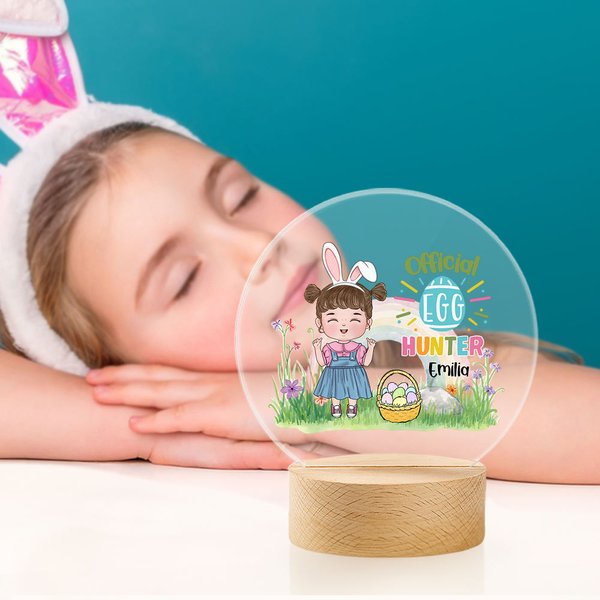 Personalisierte offizielle Eierjäger Cartoon Charakter Name LED-Nachtlicht mit hölzernen Basis Kinderzimmer Dekor Ostern Geburtstag Geschenk für Kinder