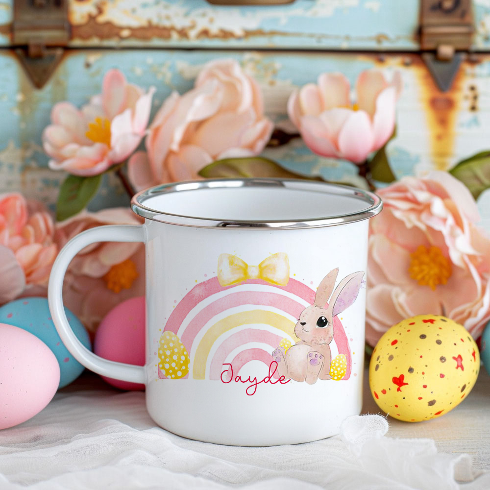 Tasse en émail personnalisée avec nom Lapin de Pâques arc-en-ciel Cadeau d'anniversaire de Pâques pour enfants