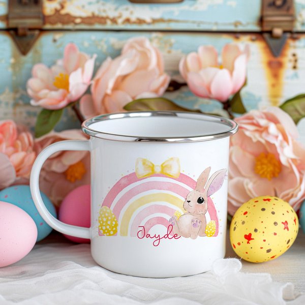Tasse en émail personnalisée avec nom Lapin de Pâques arc-en-ciel Cadeau d'anniversaire de Pâques pour enfants