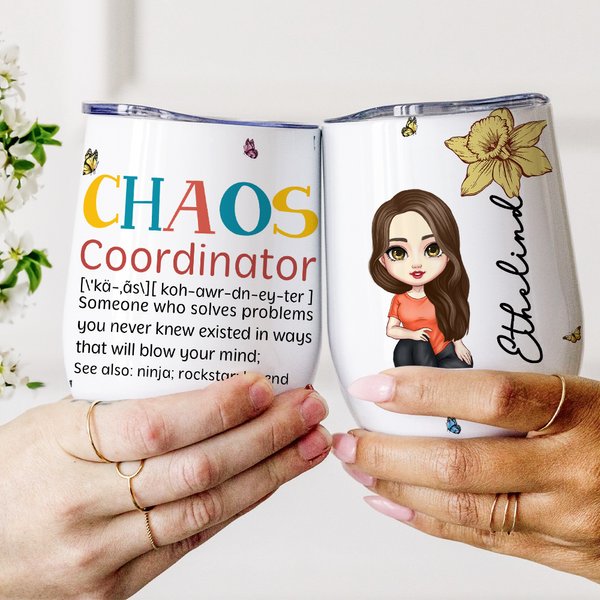 Personalised Chaos Coordinator Cartoon Character 12oz Wine Tumbler with Birth Flower and Name Travel Accessory Birthday Gift for Women Men