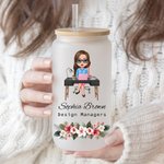 Personalized Floral Cartoon Business Character 20oz Frosted Glass Cup with Name and Straw Daily Travel Essential Birthday Office Gift for Coworker
