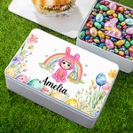 Personalized Rainbow Bunny Suit Cartoon Character Biscuit Tin Box with Name Easter Party Storage Accessories Gift for Boys Girls
